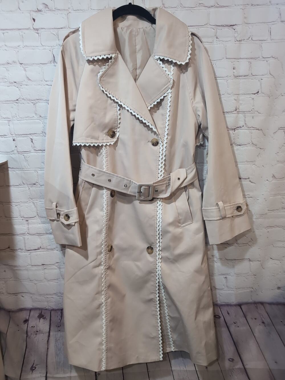 Tan Double-Breasted Trench Coat with White Trim Lace Detail Size Small Womans